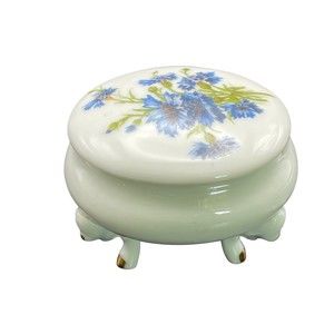 VTG Porcelain Blue Cornflower Blue Green White Gilt Footed Trinket Box